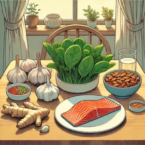 겨울철 면역력 강화를 돕는 대표 식품인 마늘, 시금치, 생강, 연어, 아몬드