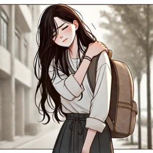 한쪽 어깨에만 가방을 멘 여성이 어깨 통증을 겪는 모습