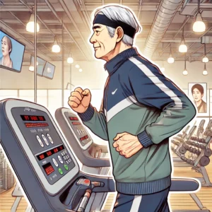당뇨 예방과 관리를 위해 헬스장에서 걷기 운동을 하는 노인 남성