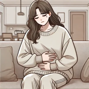 칼륨 섭취로 복부 팽만감과 소화불량을 겪는 여성