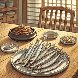 식탁 위에 멸치와 뱅어포가 각각 담긴 접시가 놓여 있는 모습