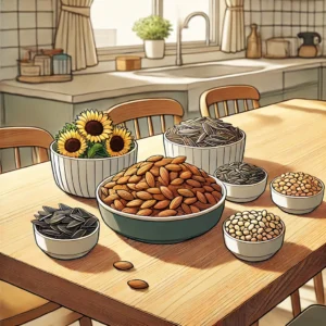 부정맥 완화에 도움이 되는 마그네슘이 풍부한 아몬드, 해바라기씨, 콩이 식탁 위에 놓인 모습