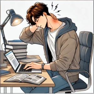 거북목으로 인한 목 통증을 느끼며 목을 감싸고 있는 남성