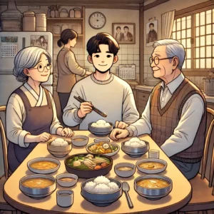 식단을 관리하며 식탁에서 함께 식사하는 4인 가족
