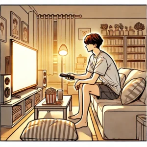 겨울철 실내활동 증가로 바이러스에 노출되어 방 안에서 TV를 보는 남성