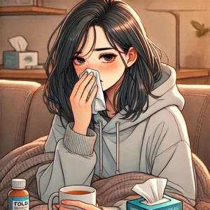 면역력 저하로 감기에 걸려 집에서 휴식 중인 여성