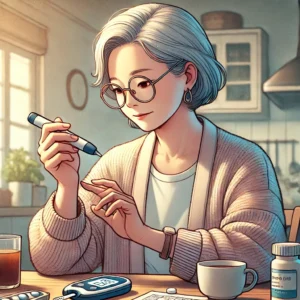 공복 혈당을 측정하고 있는 여성 노인, 당뇨 진단 기준 확인 중