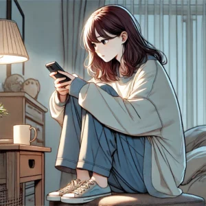 구부정한 자세로 스마트폰을 내려다보며 어깨 통증을 유발하는 여성