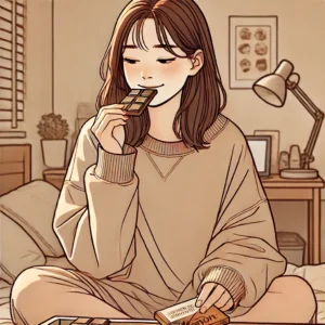 혈관 건강을 해칠 수 있는 과다한 설탕 섭취로 초콜릿을 먹고 있는 여성