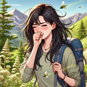 꽃가루 알레르기 반응으로 인해 기침하는 여성의 모습