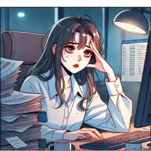 스트레스로 지친 직장인 여성이 사무실 책상에서 머리에 손을 얹고 있는 모습
