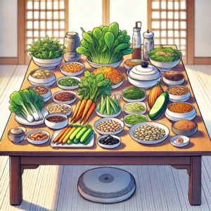 당화혈색소 관리에 도움 되는 채소, 해조류, 콩류가 담긴 식탁