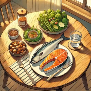 식탁 위에 놓인 연어, 고등어, 호두