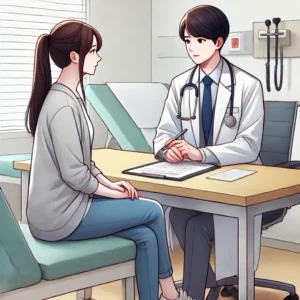 천식 약 복용 중단 여부를 의사와 상담하는 환자