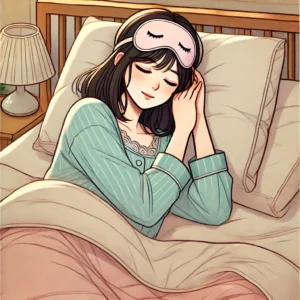 수면용 안대를 착용하고 침대에 누워 있는 30대 여성