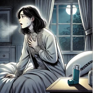 눕는 자세로 인해 숨이 차는 여성이 침대에 서 앉아있는 여성