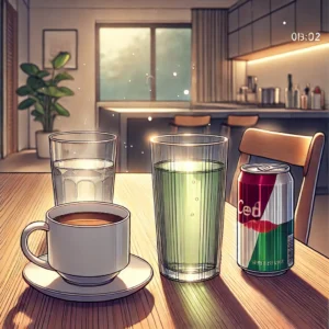 커피, 녹차, 탄산음료가 식탁 위에 놓여 있는 모습