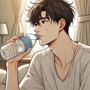아침에 일어나 물을 마시는 30대 남성