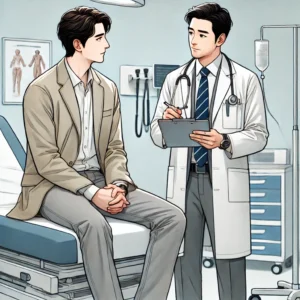 기침성 천식으로 병원을 찾은 마른기침하는 남성