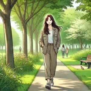 외식 후 공원에서 가볍게 걷는 여성