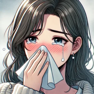 알레르기성 천식 증상으로 코막힘과 재채기를 하는 여성의 모습