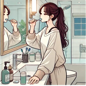화장실 거울 앞에서 양치 중인 30대 여성