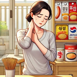 고혈압 증상으로 뒷목을 잡고 있는 여성