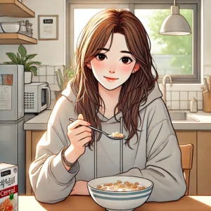 시리얼을 먹고 있는 여성과 무의식 중 섭취되는 가공식품 나트륨