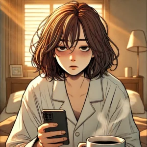 아침에 일어나기 힘들어 침대에서 힘겹게 일어나는 30대 여성