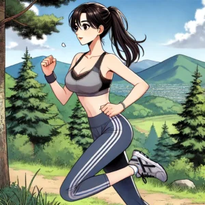 산에서 유산소 운동하는 30대 여성