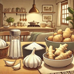 소금 대신 맛을 더해주는 건강한 재료, 마늘과 생강이 식탁 위에 놓여 있는 모습
