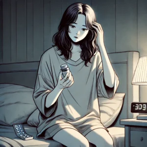수면제를 들고 있는 여성, 약 없이는 잠들기 어려운 불면증 상태