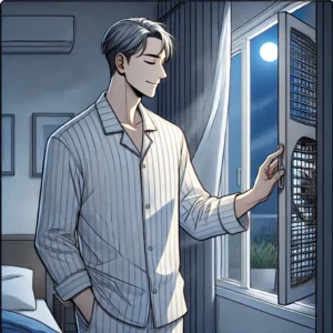 침실에서 창문을 열고 환기하는 40대 남성