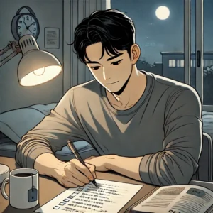 병원 진료 전 수면 관련 기록을 정리하는 30대 남성