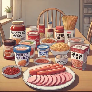 고혈압 관리에 주의가 필요한 가공육, 인스턴트식품, 젓갈류가 식탁에 놓인 모습