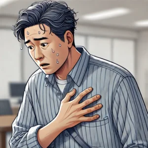 손떨림과 가슴 두근거림을 느끼며 가슴을 짚고 불안한 표정을 짓는 50대 남성