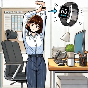 스마트워치 알림으로 자세 교정과 움직임을 유도받는 직장인 여성