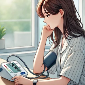 가정용 혈압기로 혈압을 측정하는 여성