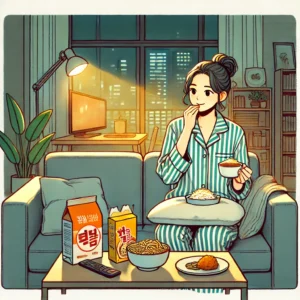 췌장에 부담을 주는 습관인 야식을 자주 먹는 30대 여성