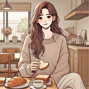 고혈당을 유발할 수 있는 식품인 빵을 먹고 있는 30대 여성