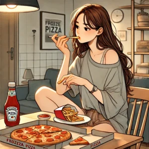 냉동피자와 감자를 먹는 여성, 천식 환자가 피해야 할 음식 예시