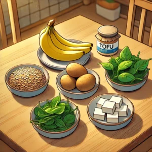 혈압을 낮추는 식단에 포함된 칼륨이 풍부한 음식들: 바나나, 감자, 시금치, 두부, 귀리