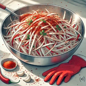 김치 대신 나트륨을 줄이기 위해 무생채를 곁들인 식탁