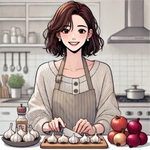마늘과 양파로 폐 건강 요리를 준비하는 30대 여성