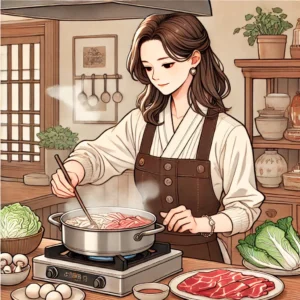 고혈압 환자에게 좋은 샤브샤브를 준비하는 중년여성