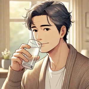 기상 후 따뜻한 물 한 잔을 마시며 혈압을 안정시키는 중년 남성