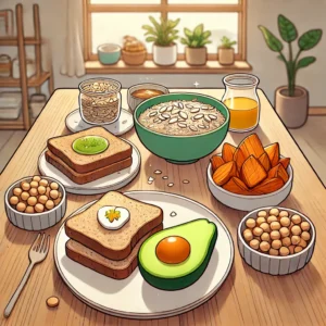 귀리, 통밀빵, 고구마, 아보카도, 병아리콩이 식탁 위에 정갈하게 놓인 모습