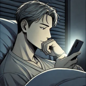 잠자기 전 침대에서 스마트폰을 보는 40대 남성