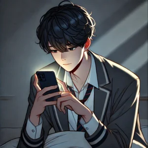 불 꺼진 방 안에서 스마트폰을 들여다보며 누워 있는 청소년 남성