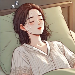 땀을 흘리며 잠자는 여성